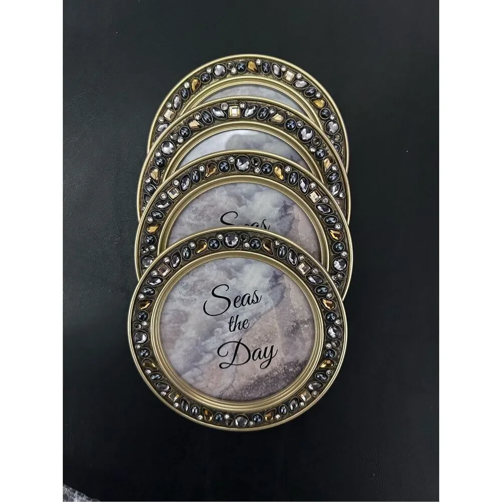 Dickson Gifts Seas The Day Amber Goldtone 4.5 Inch Jeweled Coaster Set of 4 NWOT